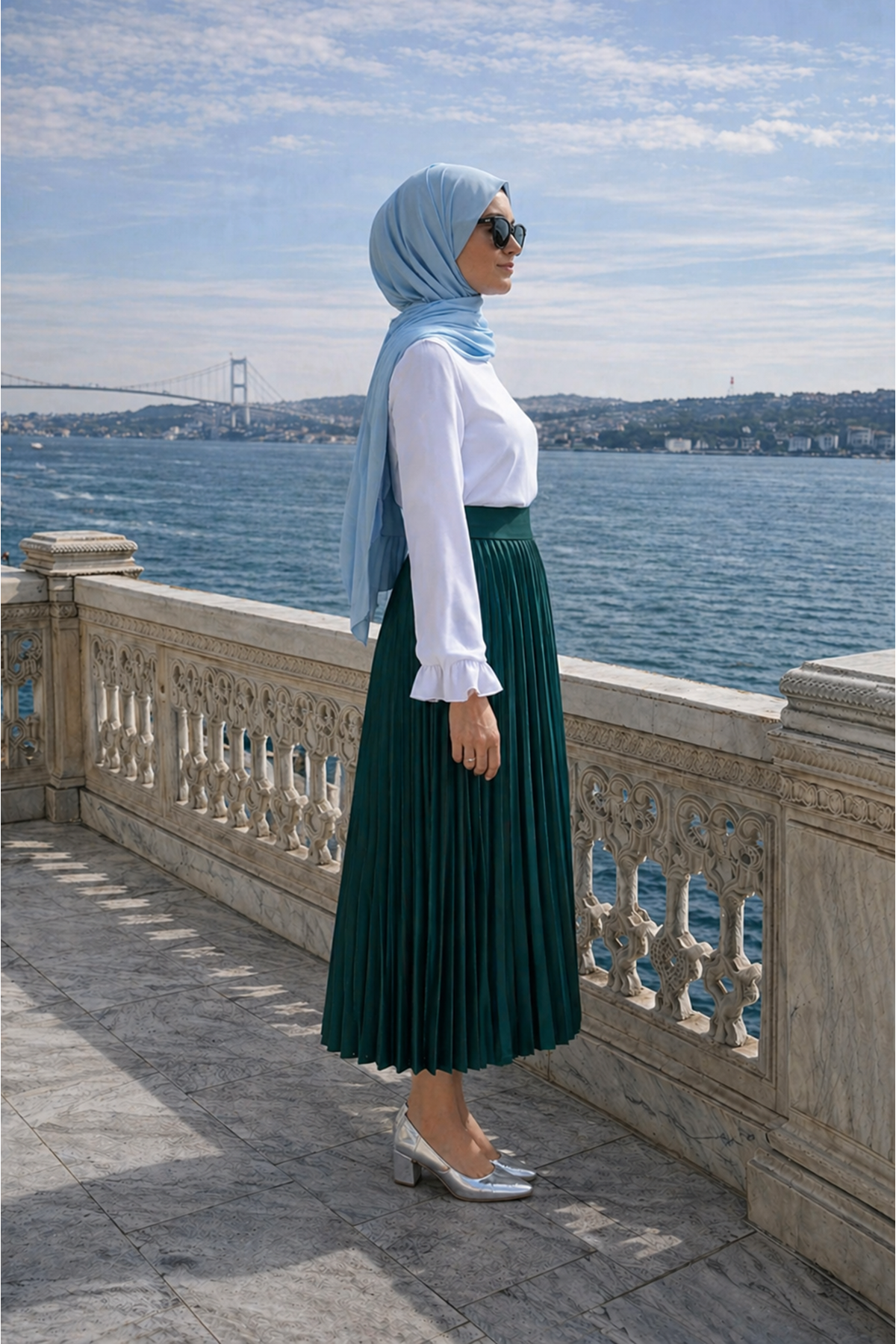 Kadın Premium Pileli Zümrüt Uzun Tesettür Etek