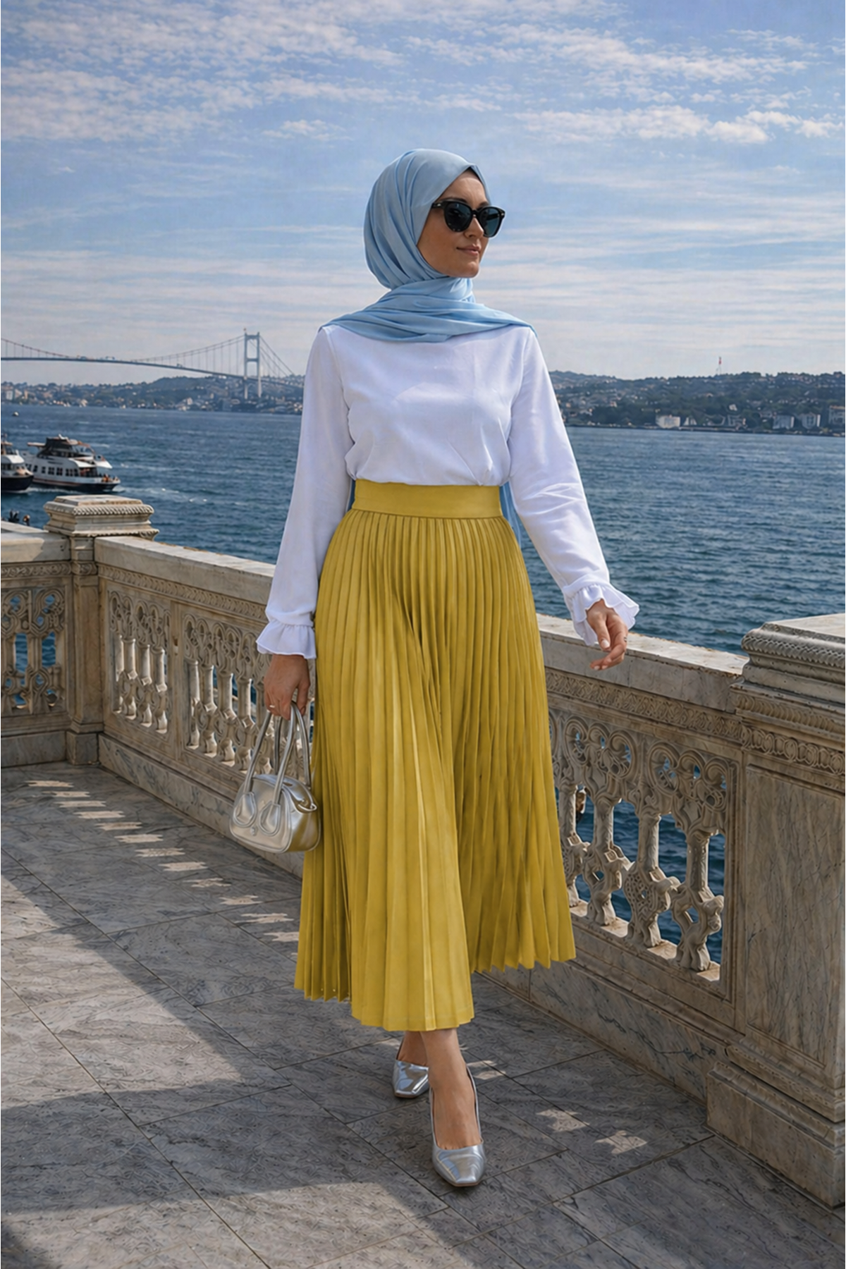 Kadın Premium Pileli F.Yeşil Uzun Tesettür Etek