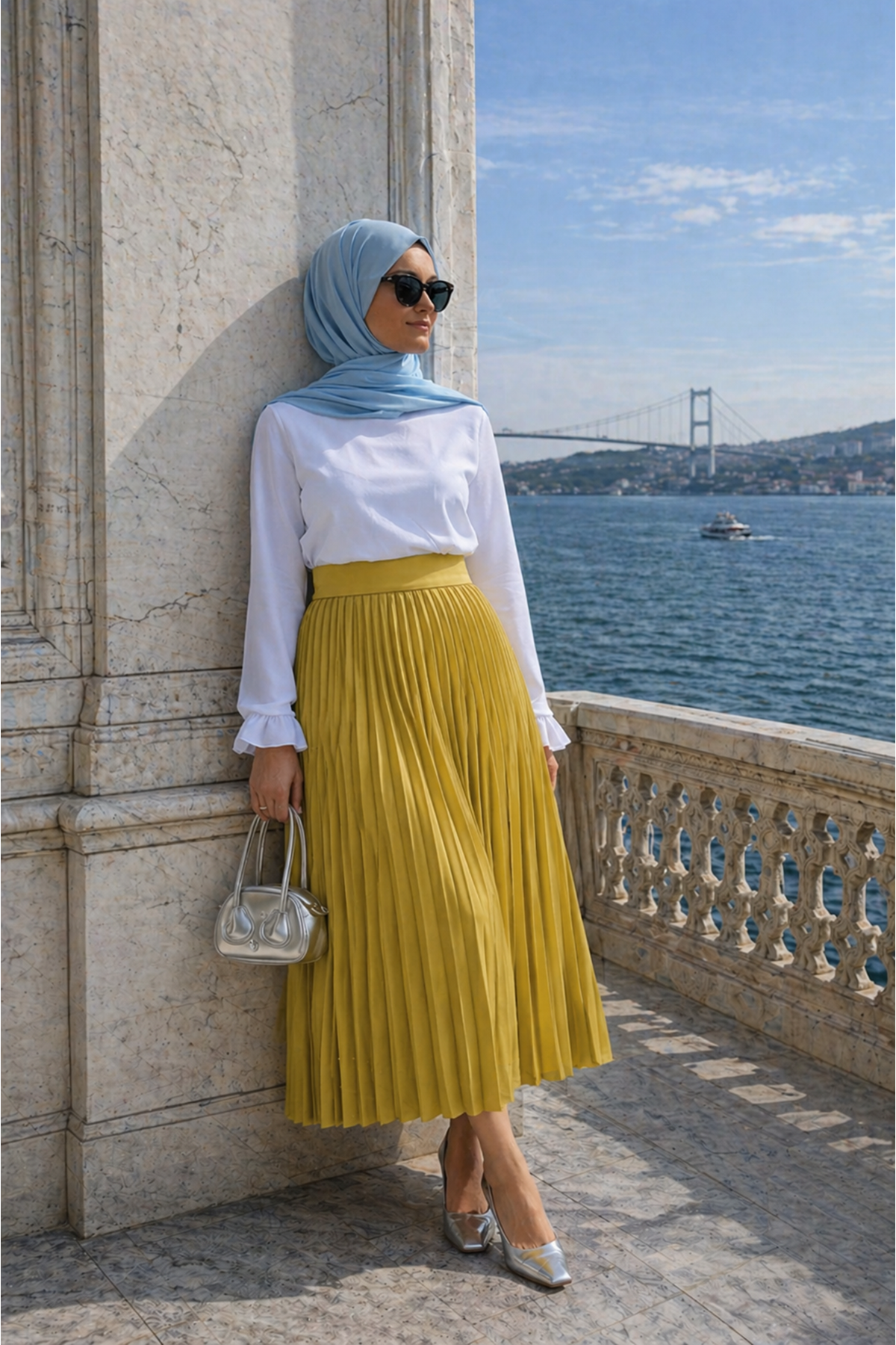 Kadın Premium Pileli F.Yeşil Uzun Tesettür Etek