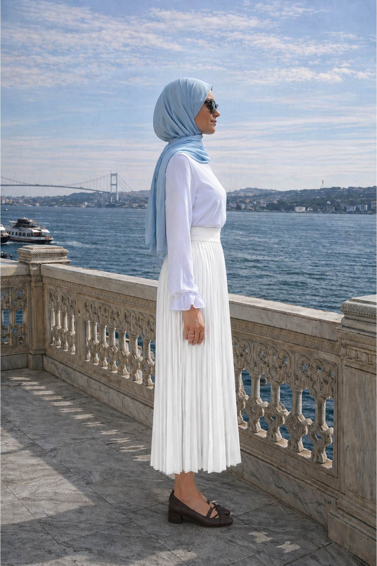 Kadın Premium Pileli Beyaz Uzun Tesettür Etek