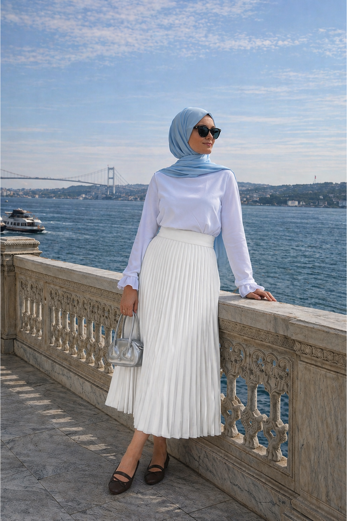 Kadın Premium Pileli Beyaz Uzun Tesettür Etek