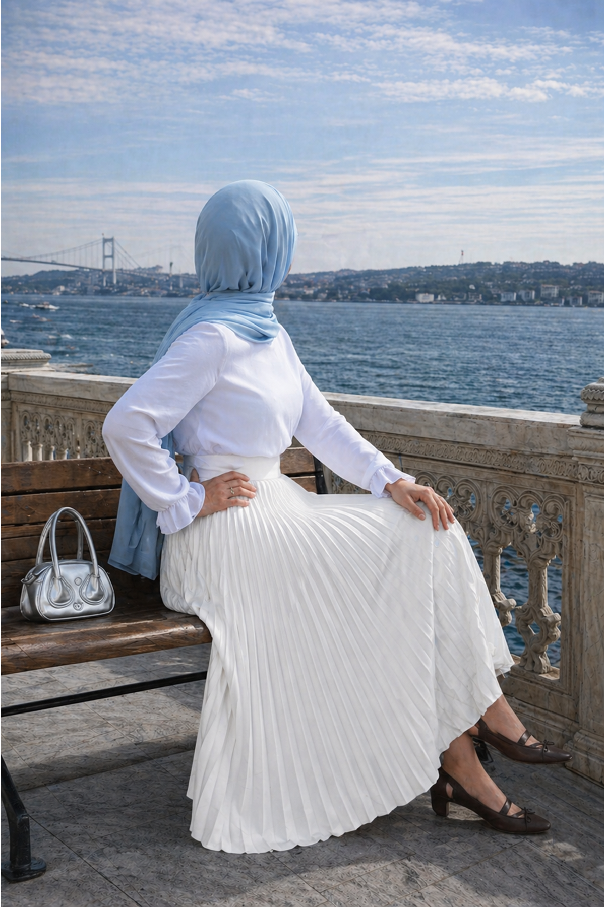 Kadın Premium Pileli Beyaz Uzun Tesettür Etek