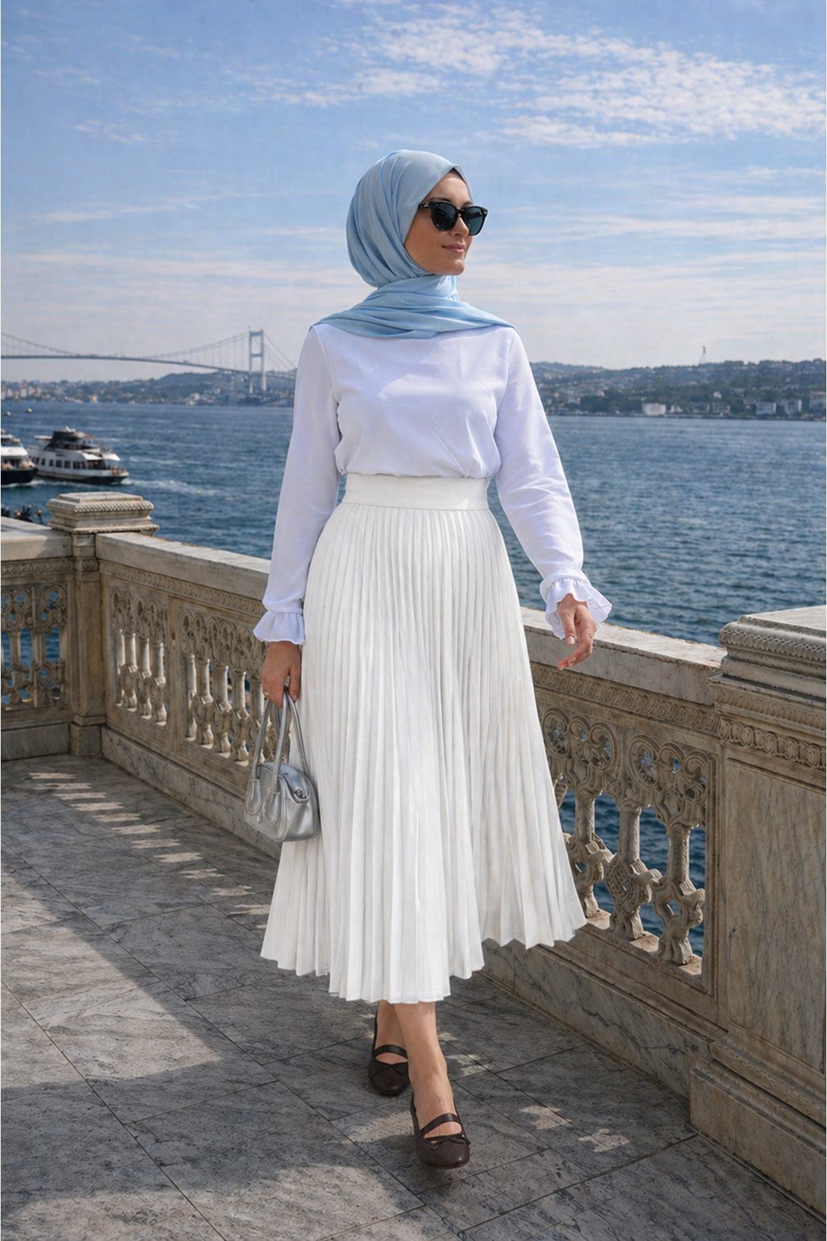 Kadın Premium Pileli Beyaz Uzun Tesettür Etek