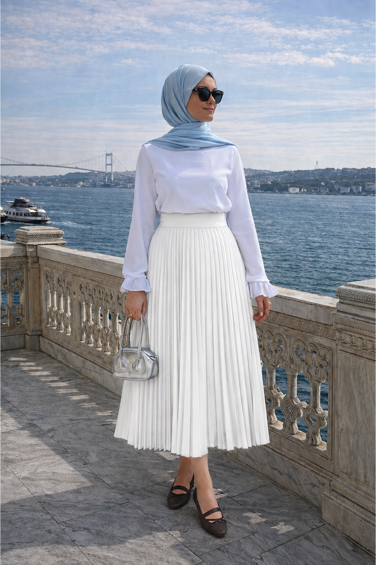 Kadın Premium Pileli Beyaz Uzun Tesettür Etek