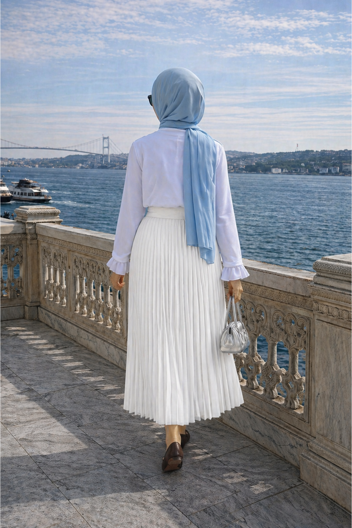 Kadın Premium Pileli Beyaz Uzun Tesettür Etek