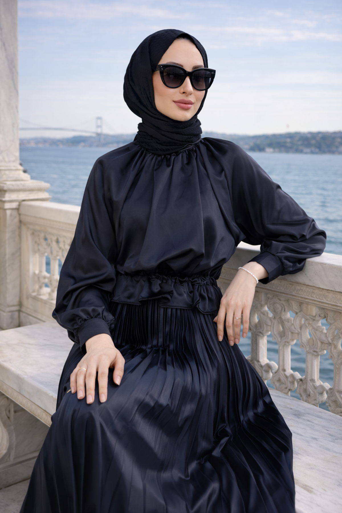 Kadın Premium Pileli Siyah Uzun Tesettür Etek