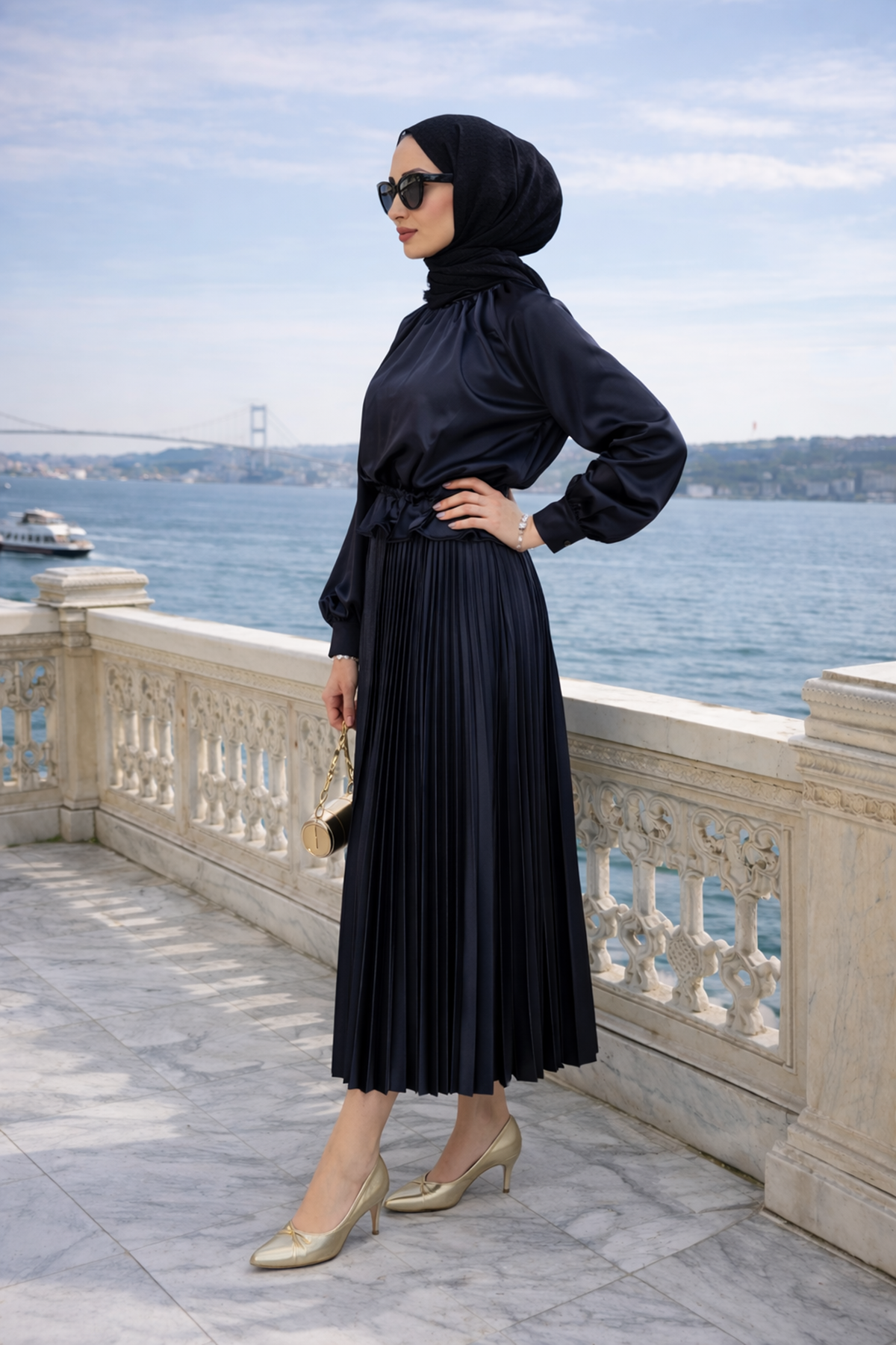 Kadın Premium Pileli Siyah Uzun Tesettür Etek