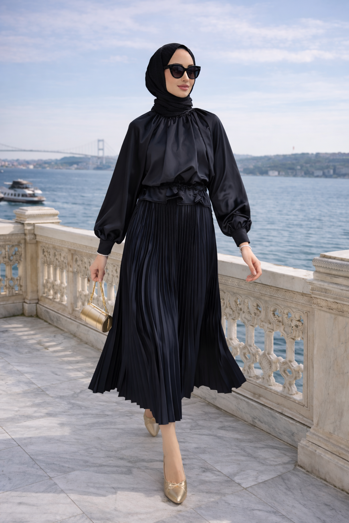 Kadın Premium Pileli Siyah Uzun Tesettür Etek