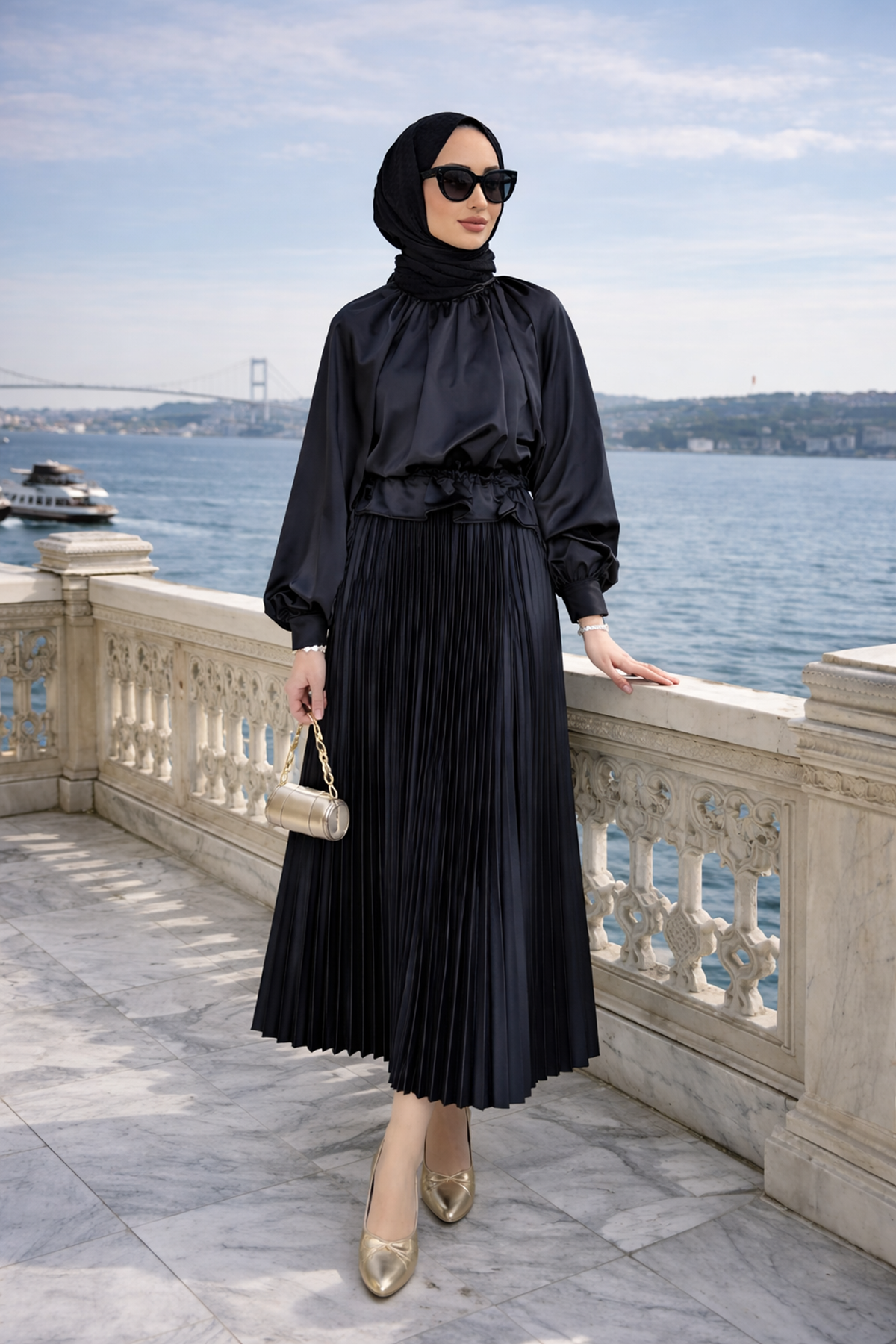 Kadın Premium Pileli Siyah Uzun Tesettür Etek