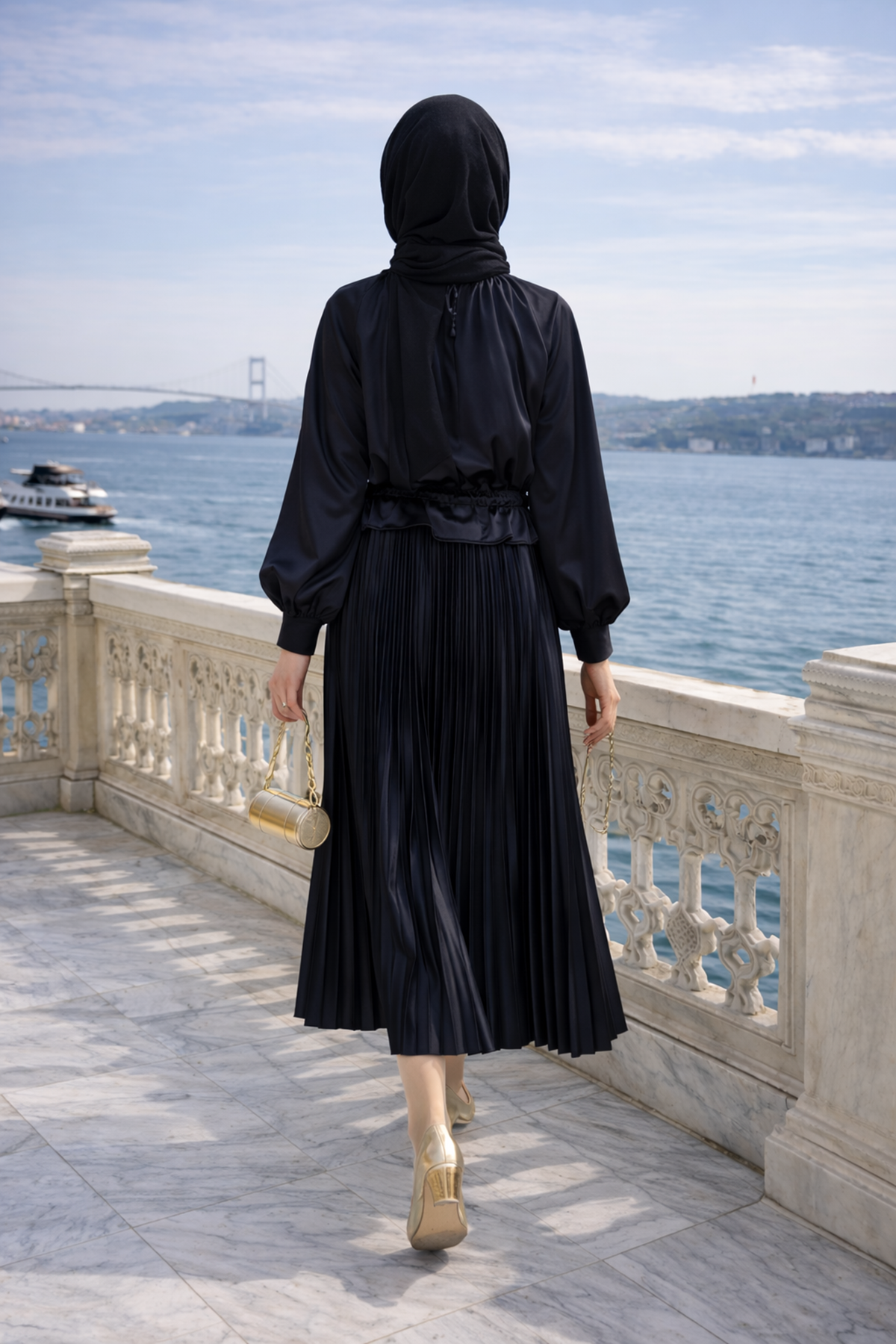 Kadın Premium Pileli Siyah Uzun Tesettür Etek