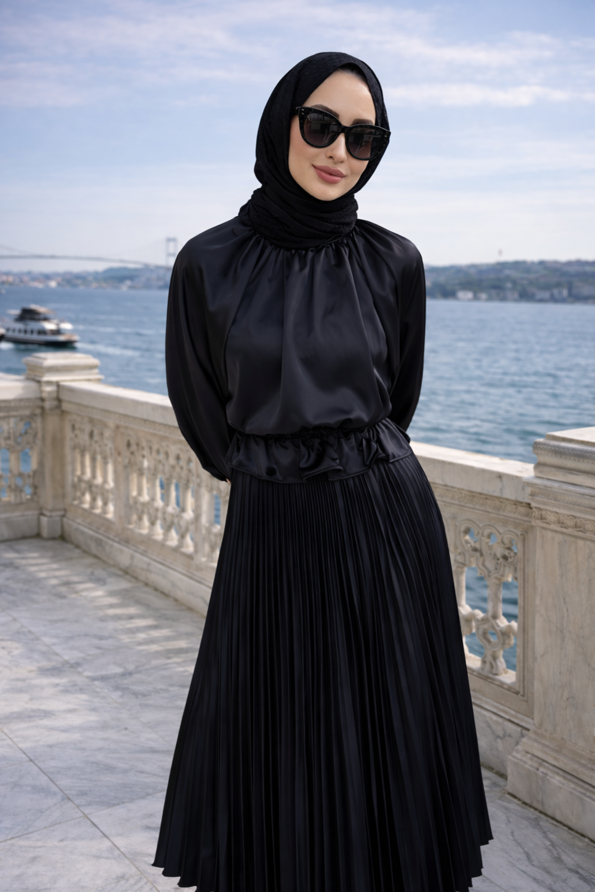 Kadın Premium Pileli Siyah Uzun Tesettür Etek
