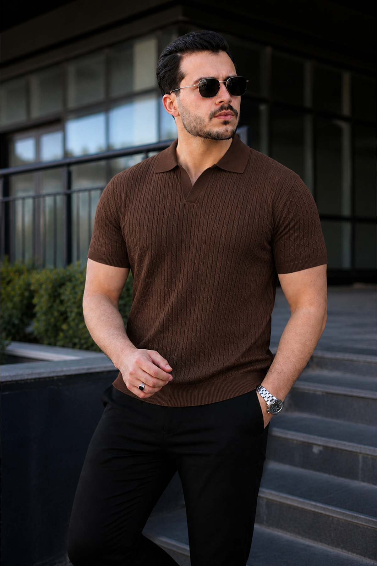 Erkek Günlük Çizgili Kahve Triko Polo Yaka Tişört