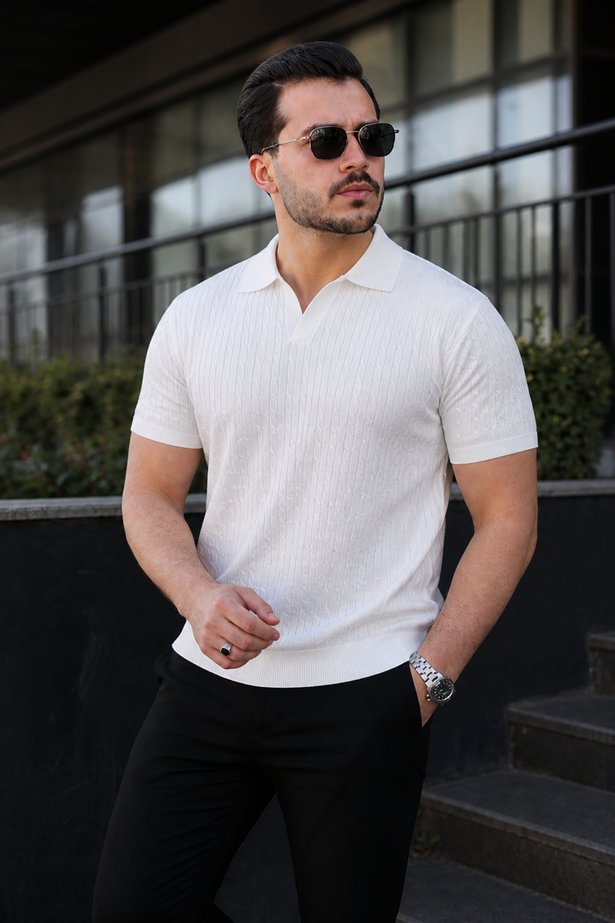 Erkek Günlük Çizgili Beyaz Triko Polo Yaka Tişört