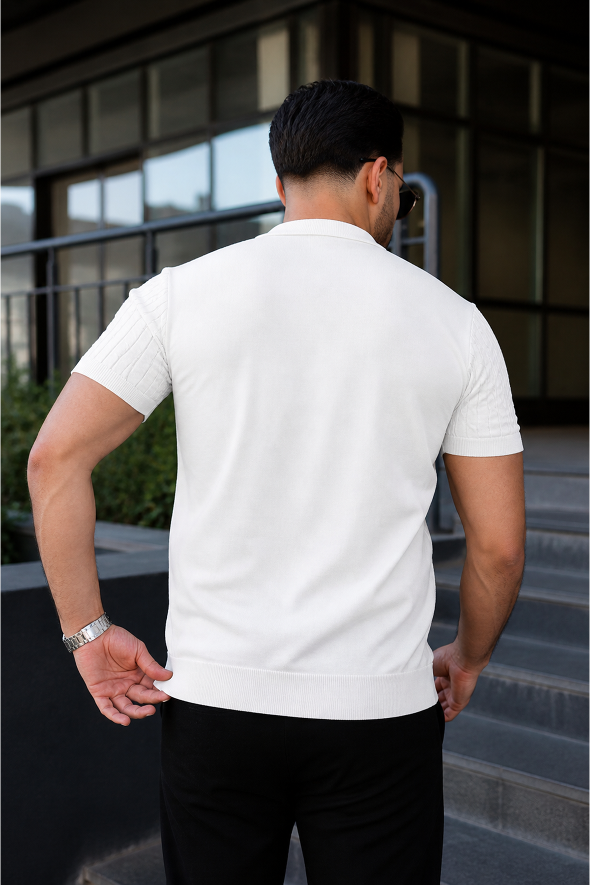 Erkek Günlük Çizgili Beyaz Triko Polo Yaka Tişört