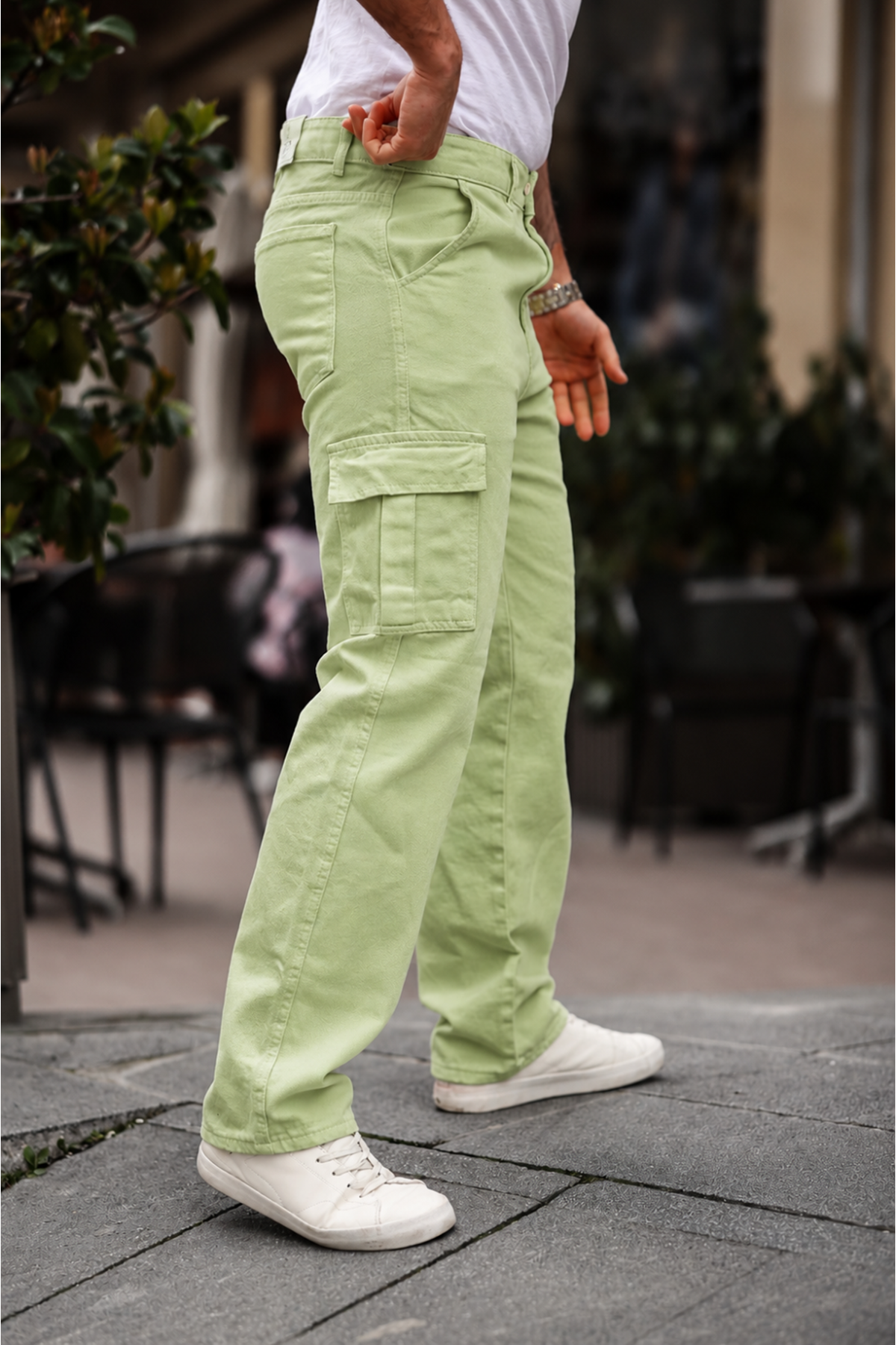Erkek Bol Paça Kargo Cep Basic A.Yeşil Baggy Pantolon