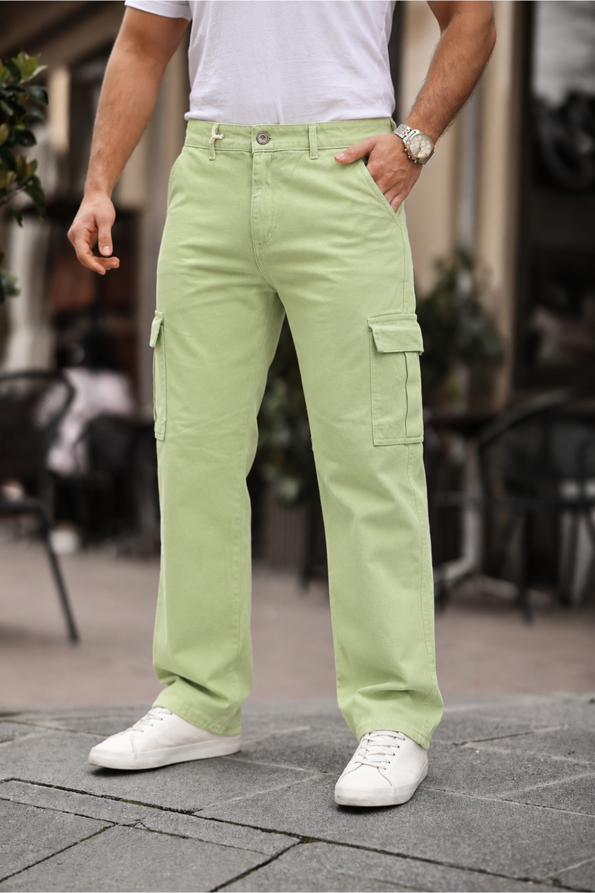 Erkek Bol Paça Kargo Cep Basic A.Yeşil Baggy Pantolon