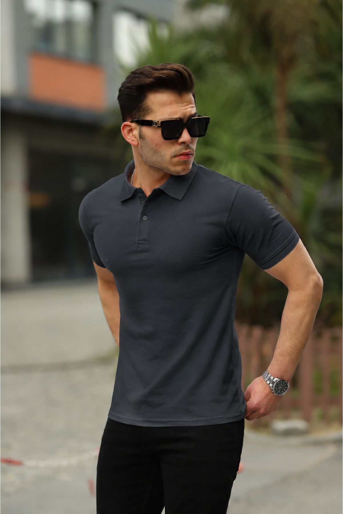 Erkek Kıvrılmaz Polo Yaka Cepsiz Slim Fit Dar Kesim Düz T-Shirt
