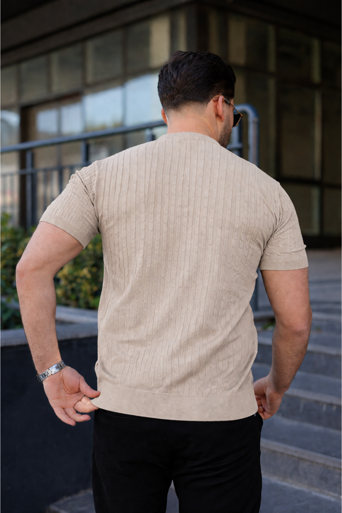 Erkek Premium Çizgili Yazlık Bej Dar Triko Tişört