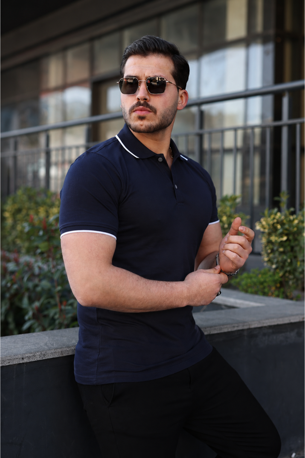 Erkek Günlük Çizgili Pamuklu Lacivert Polo Yaka Tişört