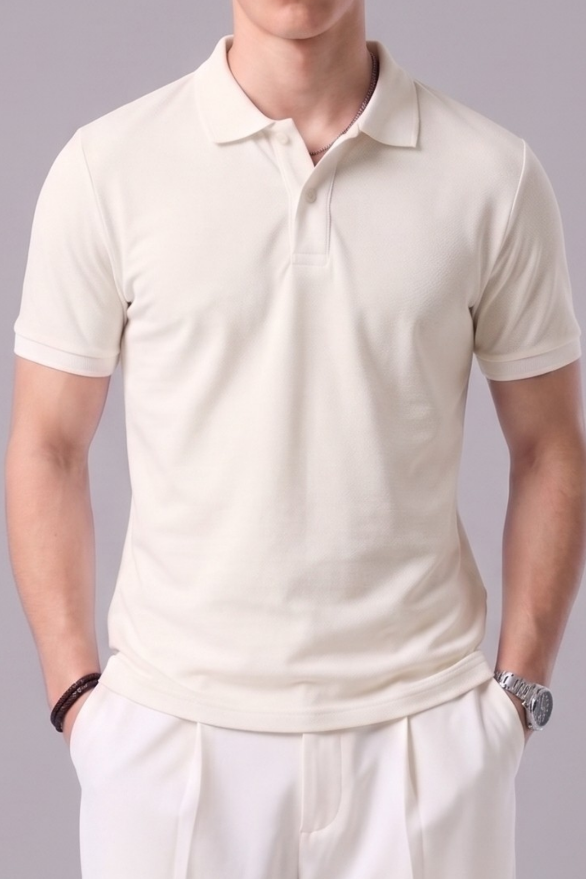 Erkek Günlük Kısa Kollu Basic Ekru Polo Yaka Tişört