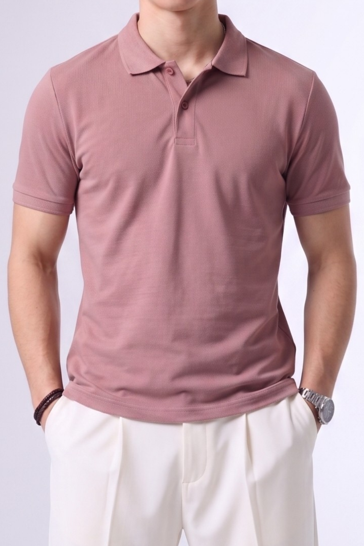 Erkek Günlük Kısa Kollu Basic Pudra Polo Yaka Tişört