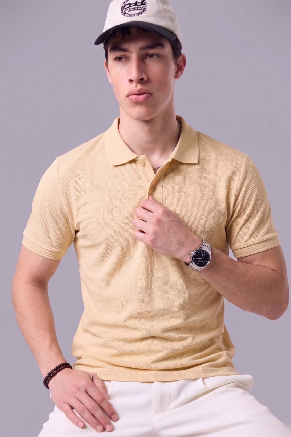 Erkek Günlük Kısa Kollu Basic Krem Polo Yaka Tişört