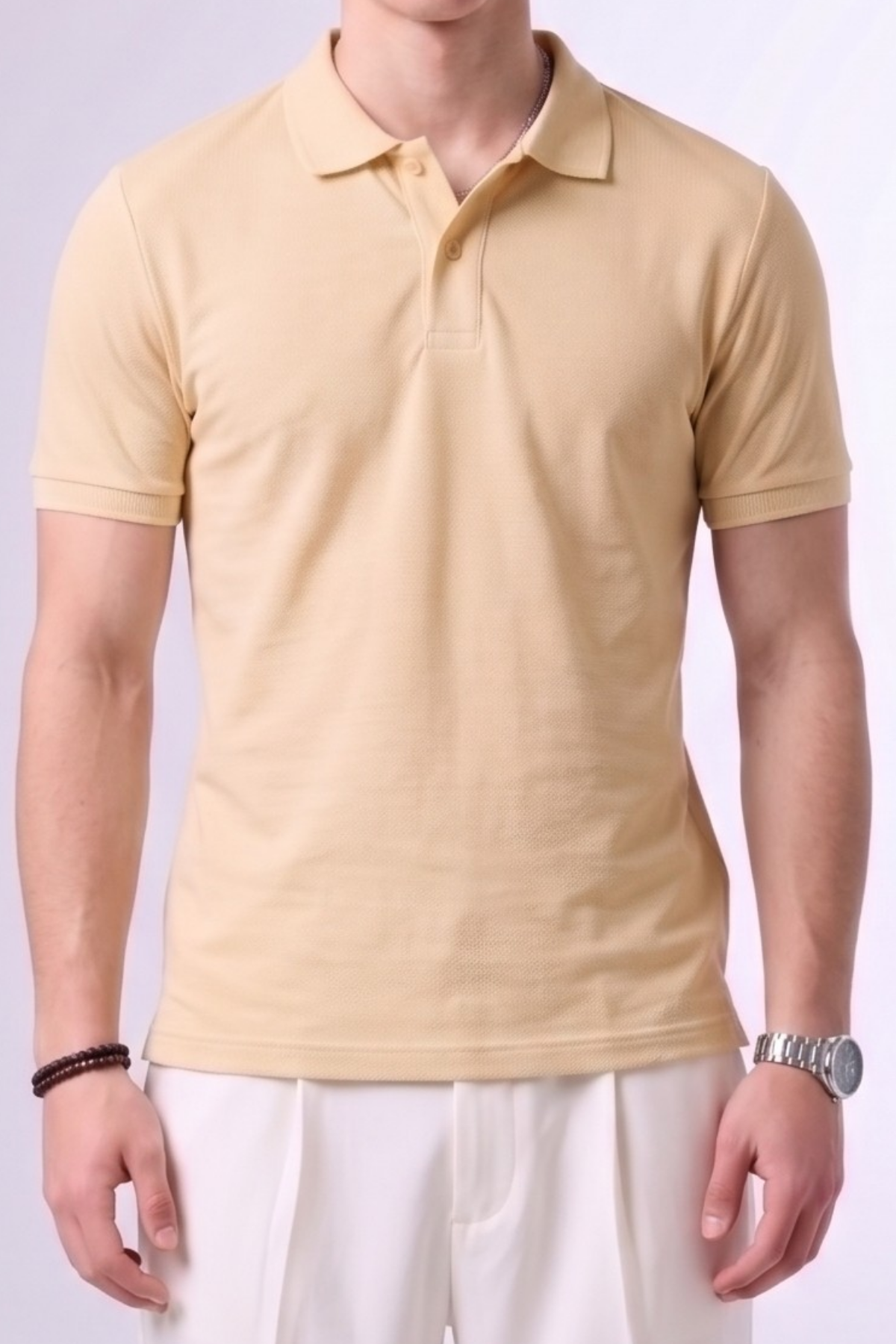 Erkek Günlük Kısa Kollu Basic Krem Polo Yaka Tişört