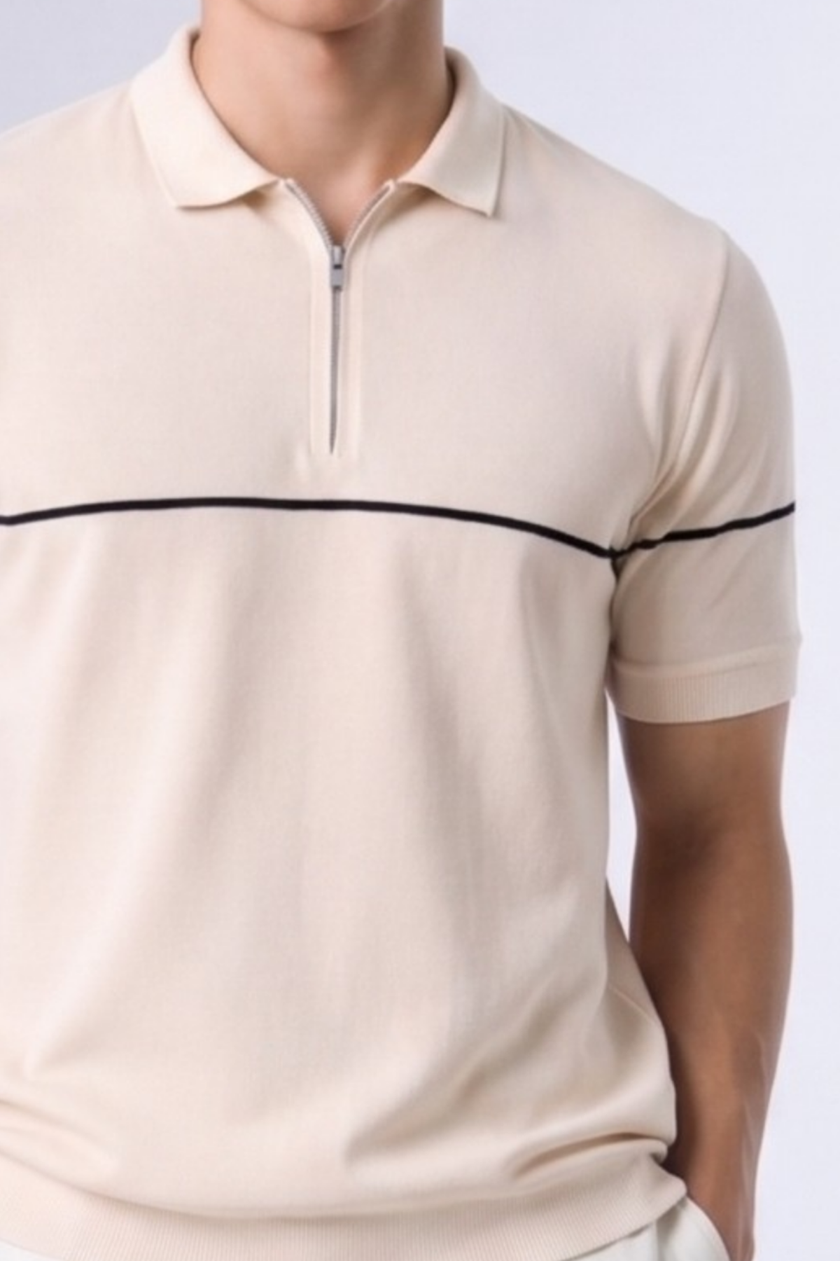 Erkek Çizgili Detaylı Triko Krem Polo Yaka Tişört