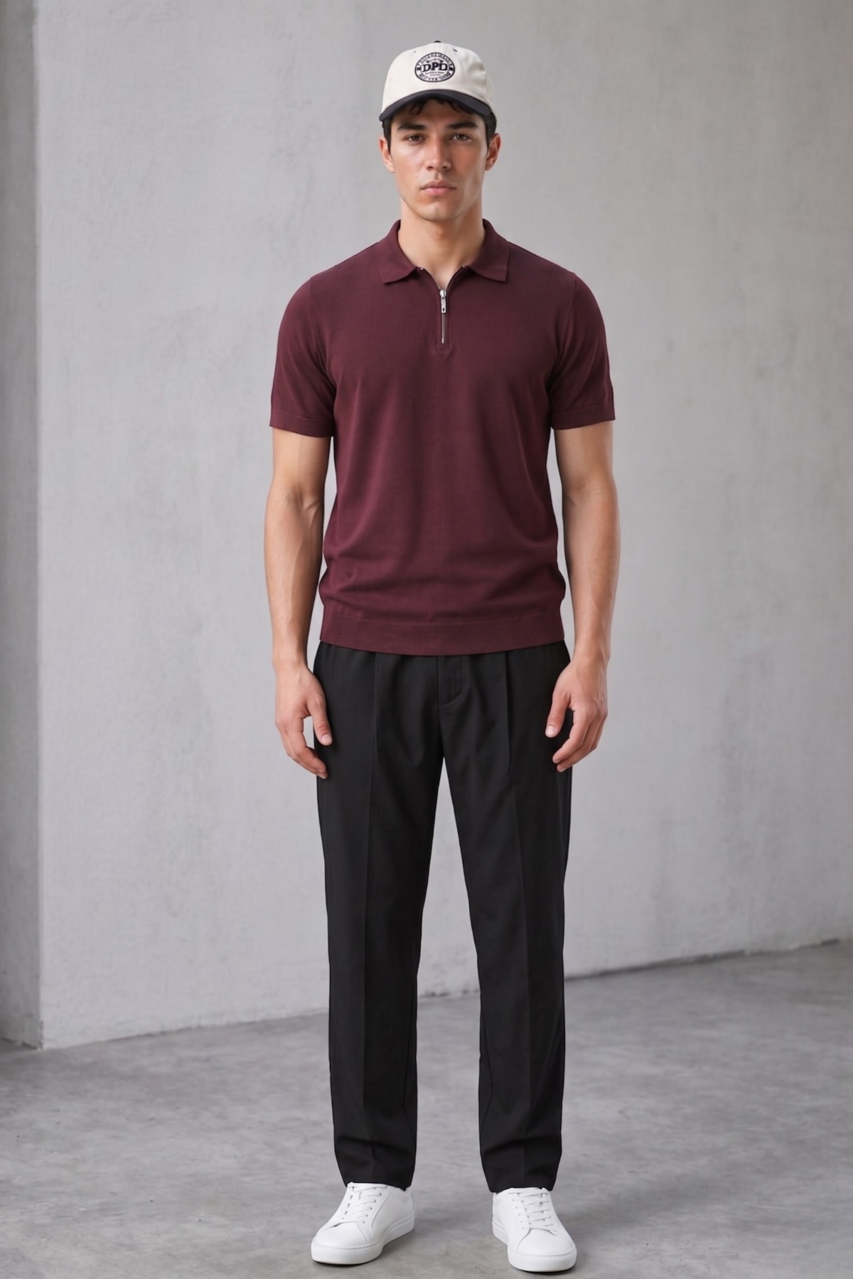 Erkek Fermuarlı Dar Basic Triko Bordo Polo Yaka Tişört