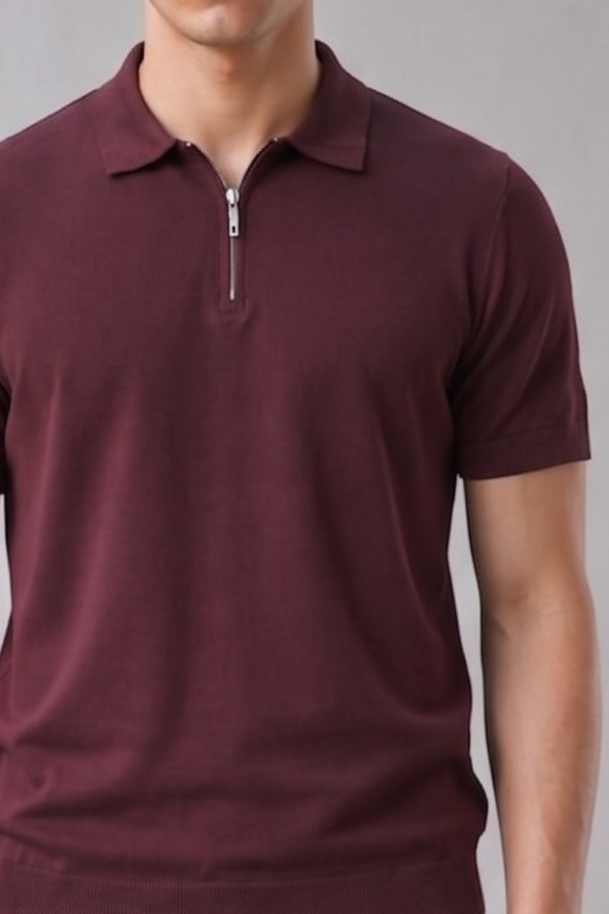 Erkek Fermuarlı Dar Basic Triko Bordo Polo Yaka Tişört