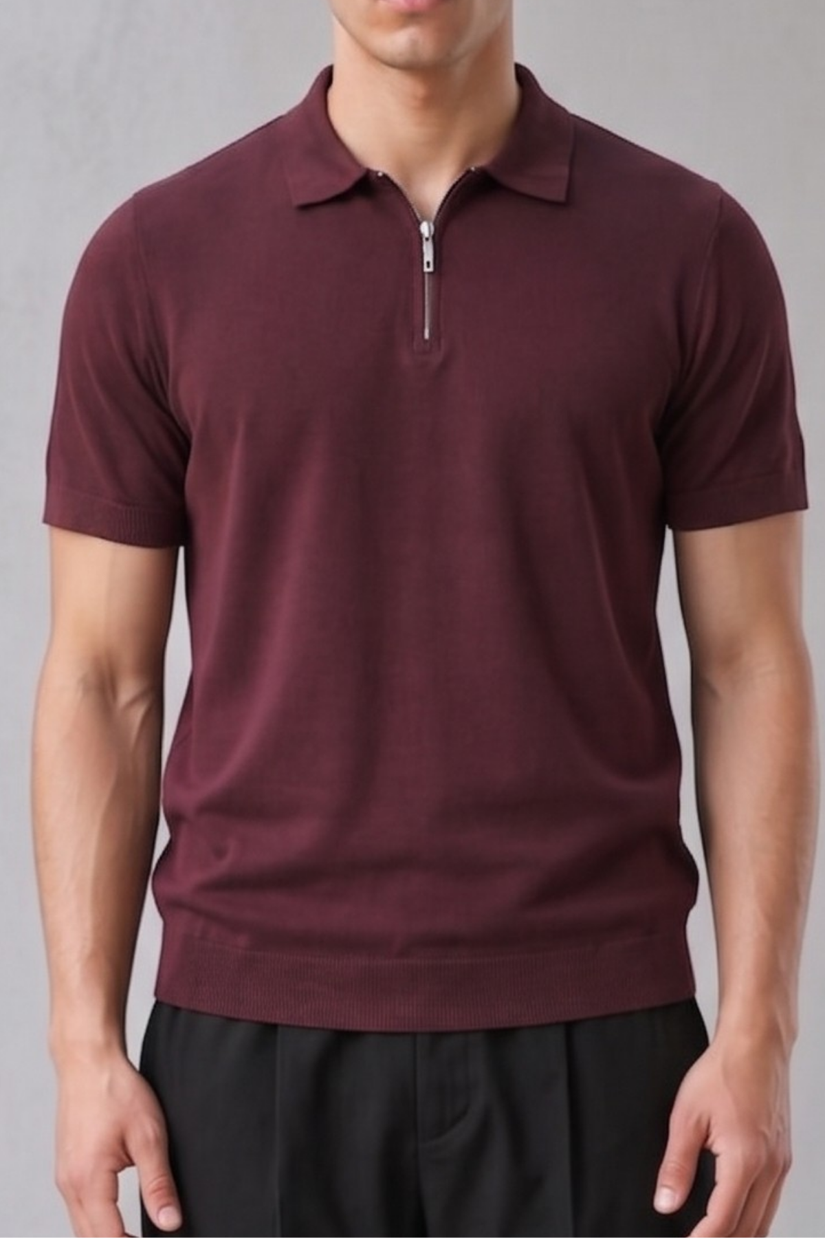 Erkek Fermuarlı Dar Basic Triko Bordo Polo Yaka Tişört