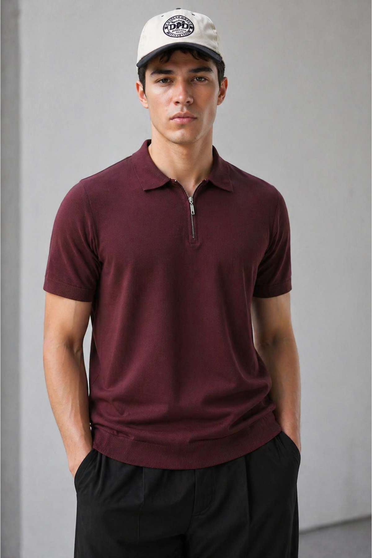 Erkek Fermuarlı Dar Basic Triko Bordo Polo Yaka Tişört