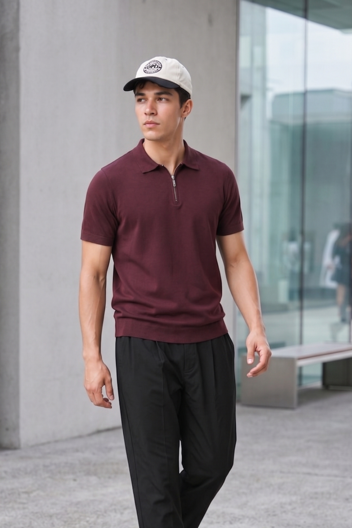 Erkek Fermuarlı Dar Basic Triko Bordo Polo Yaka Tişört