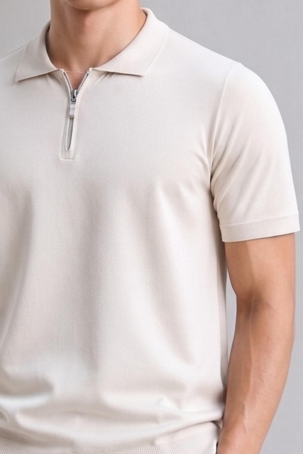 Erkek Fermuarlı Dar Basic Triko Taş Polo Yaka Tişört