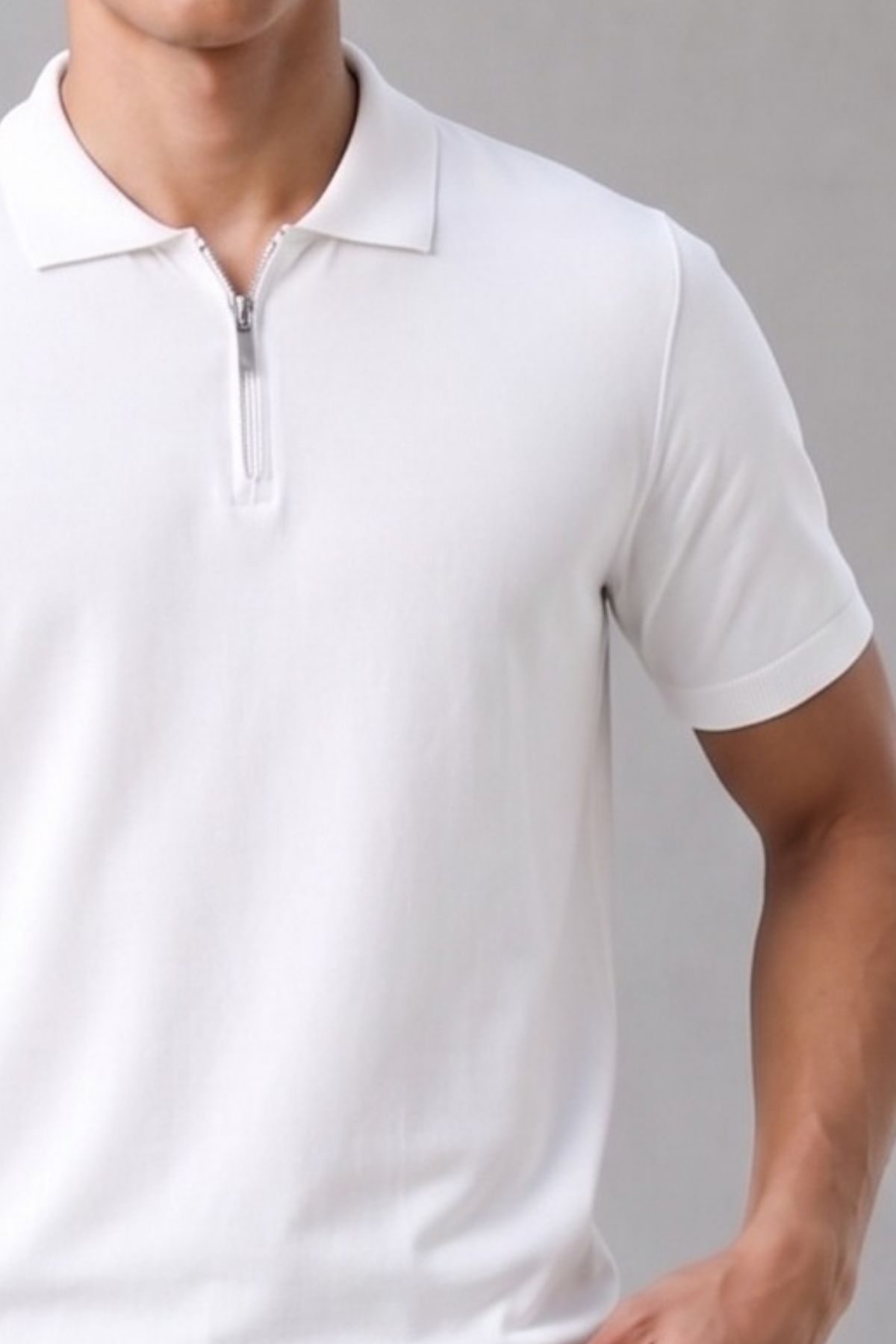 Erkek Fermuarlı Dar Basic Triko Beyaz Polo Yaka Tişört