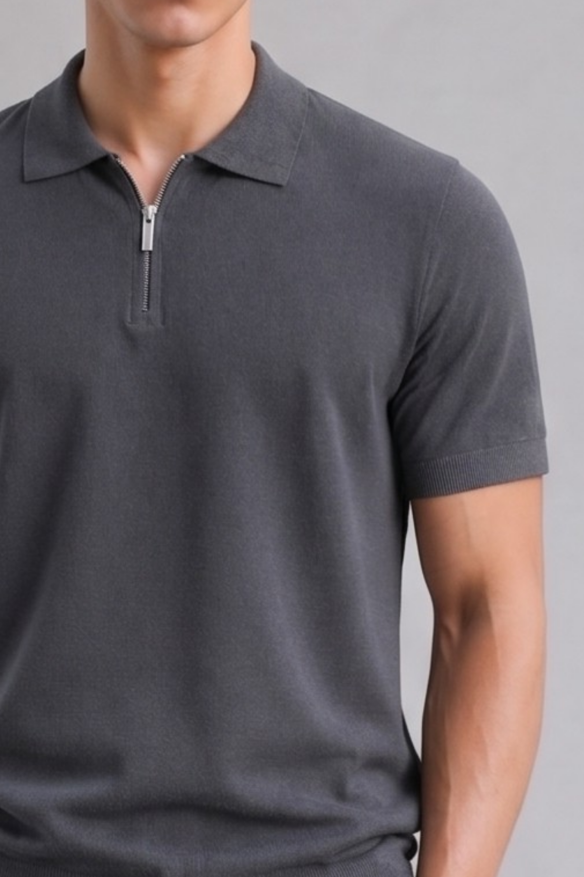 Erkek Fermuarlı Dar Basic Triko Füme Polo Yaka Tişört