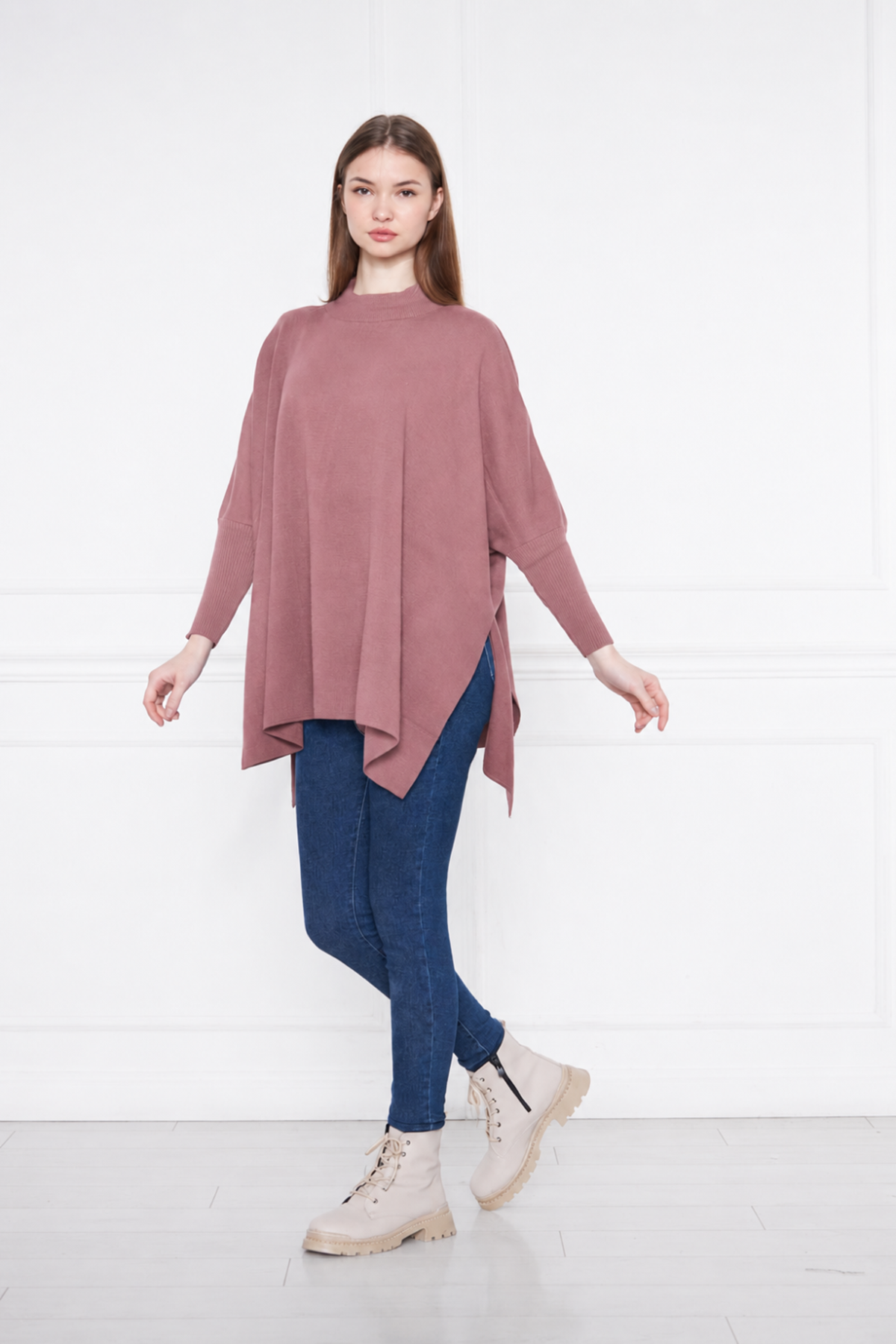 Kadın Yandan Yırtmaçlı Oversize Panço Kazak