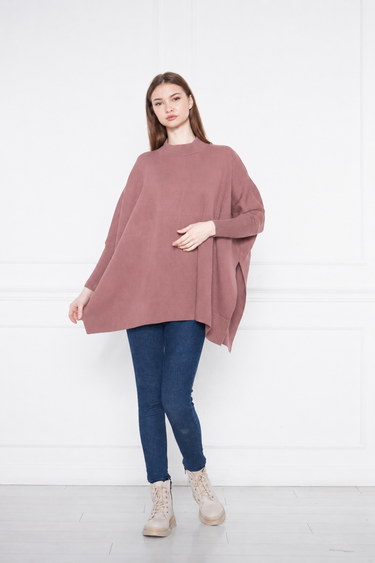 Kadın Yandan Yırtmaçlı Oversize Panço Kazak