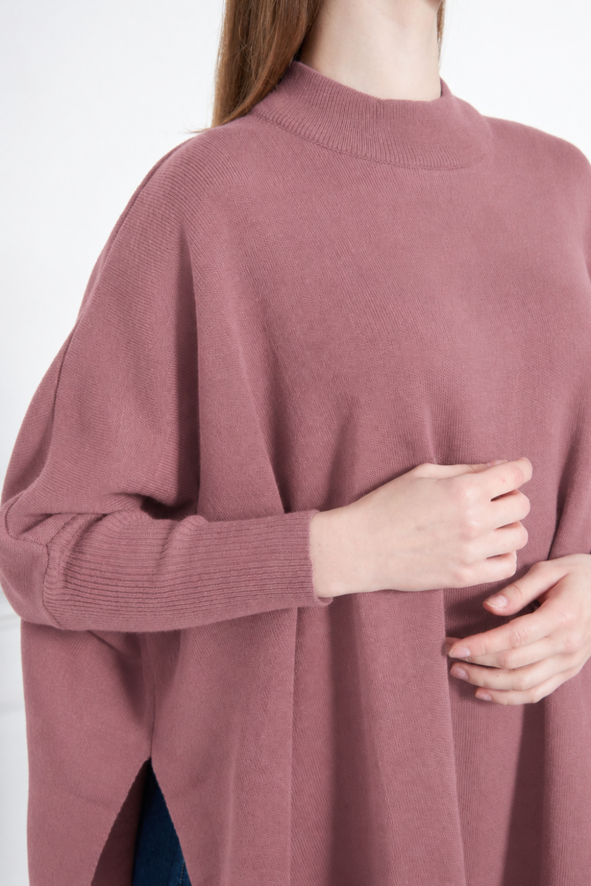 Kadın Yandan Yırtmaçlı Oversize Panço Kazak