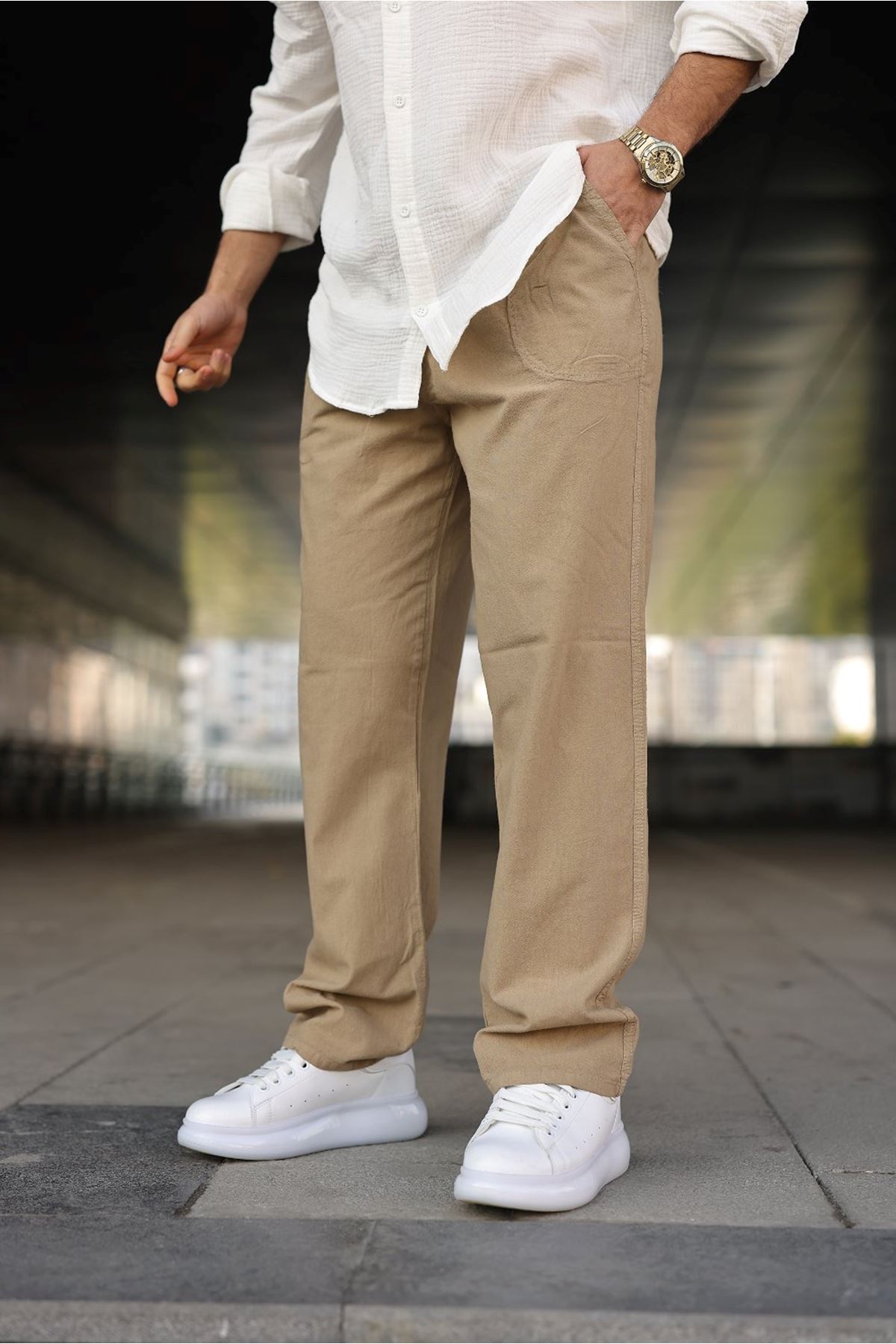 Erkek Trend Basic Bol Paça S.Kahve Baggy Keten Pantolon
