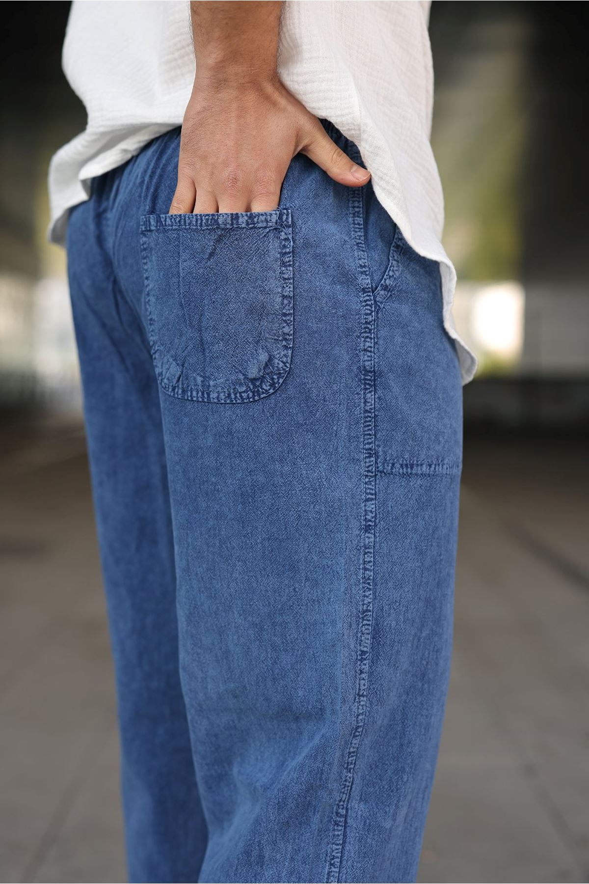 Erkek Trend Basic Bol Paça Mavi Baggy Keten Pantolon