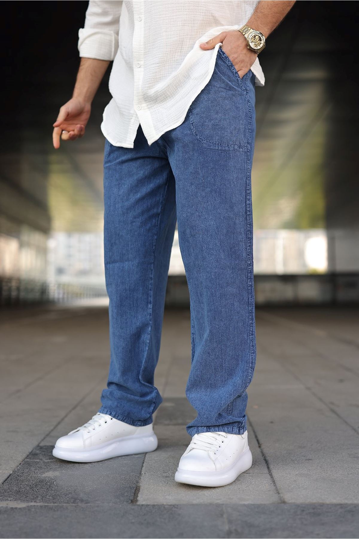 Erkek Trend Basic Bol Paça Mavi Baggy Keten Pantolon