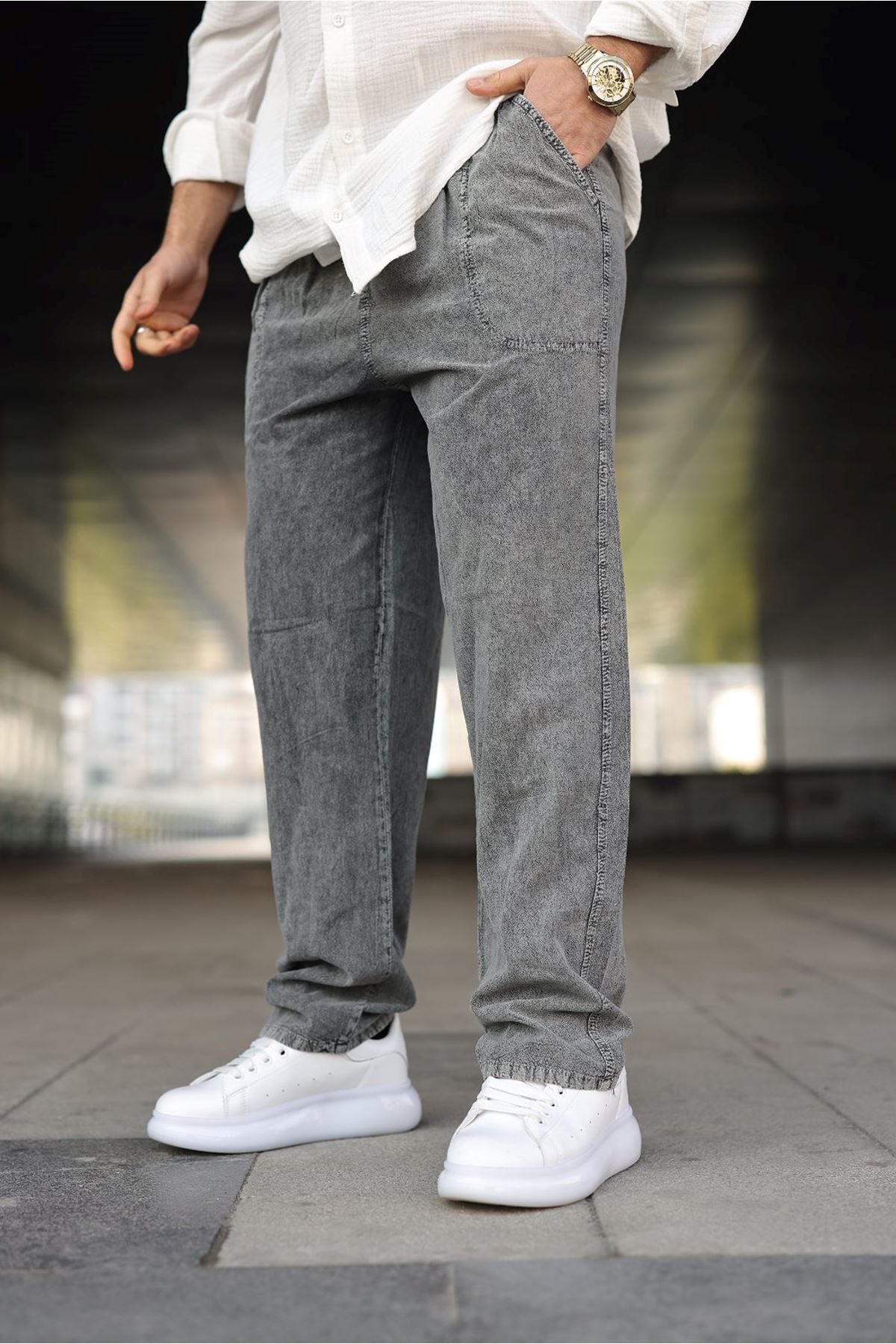 Erkek Trend Basic Bol Paça K.Gri Baggy Keten Pantolon