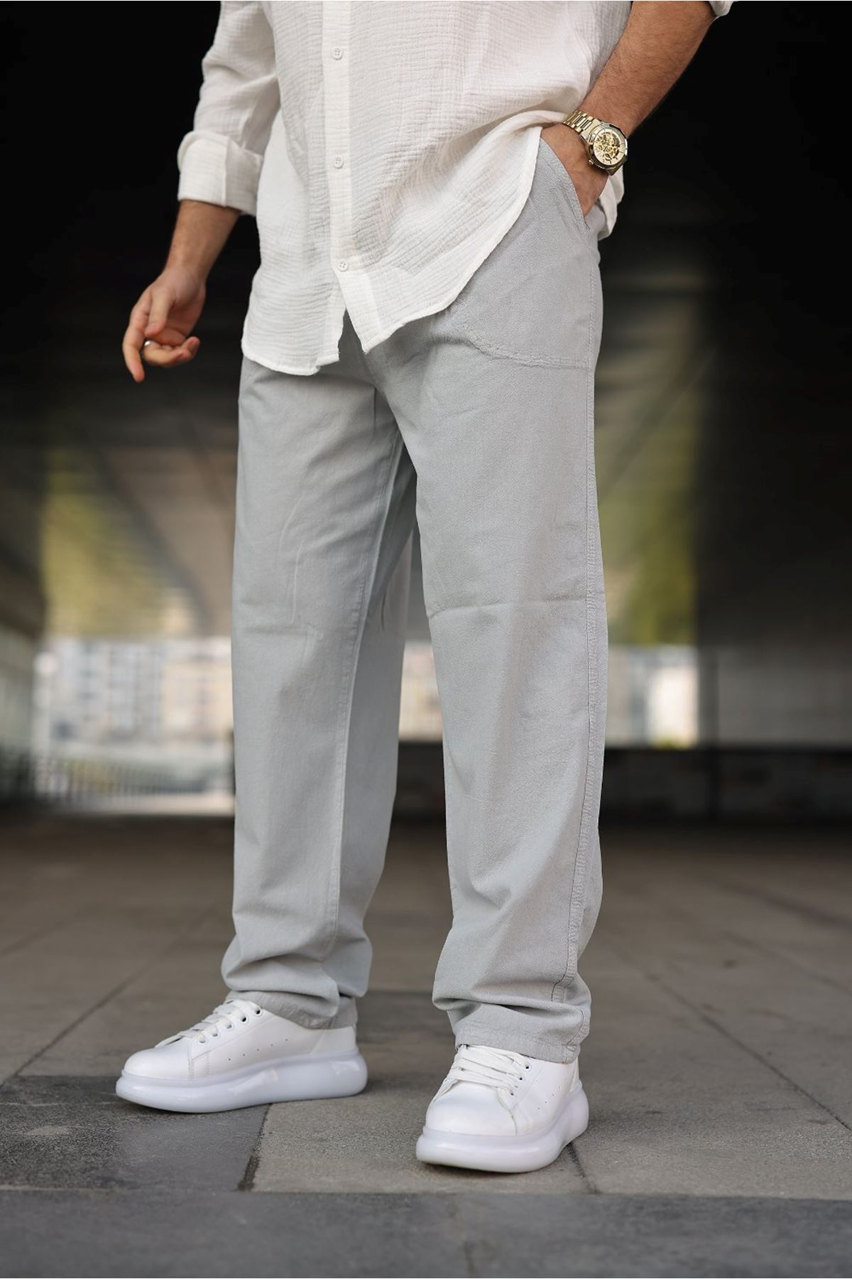 Erkek Trend Basic Bol Paça Gri Baggy Keten Pantolon