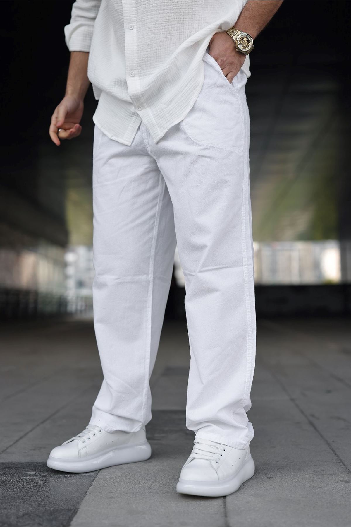 Erkek Trend Basic Bol Paça Beyaz Baggy Keten Pantolon
