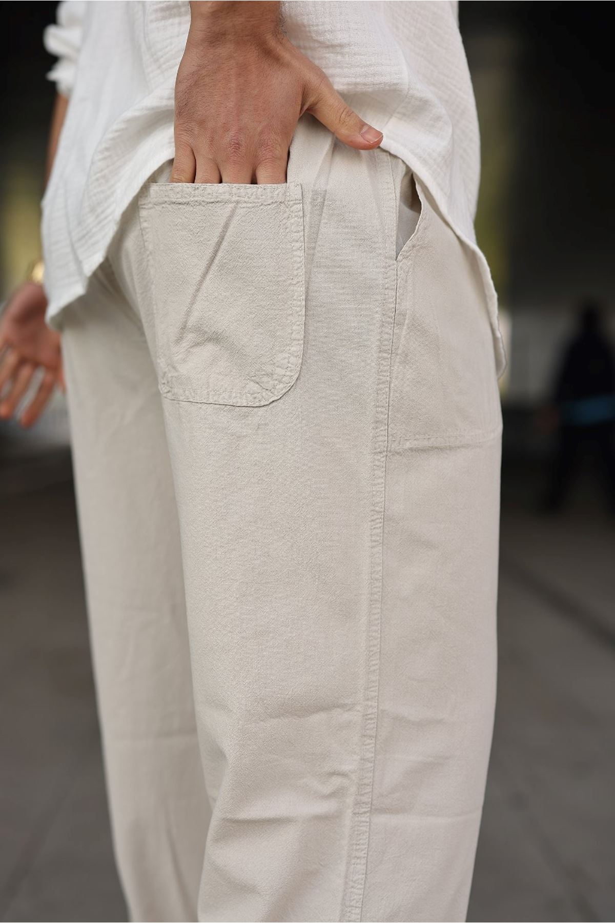 Erkek Trend Basic Bol Paça Krem Baggy Keten Pantolon