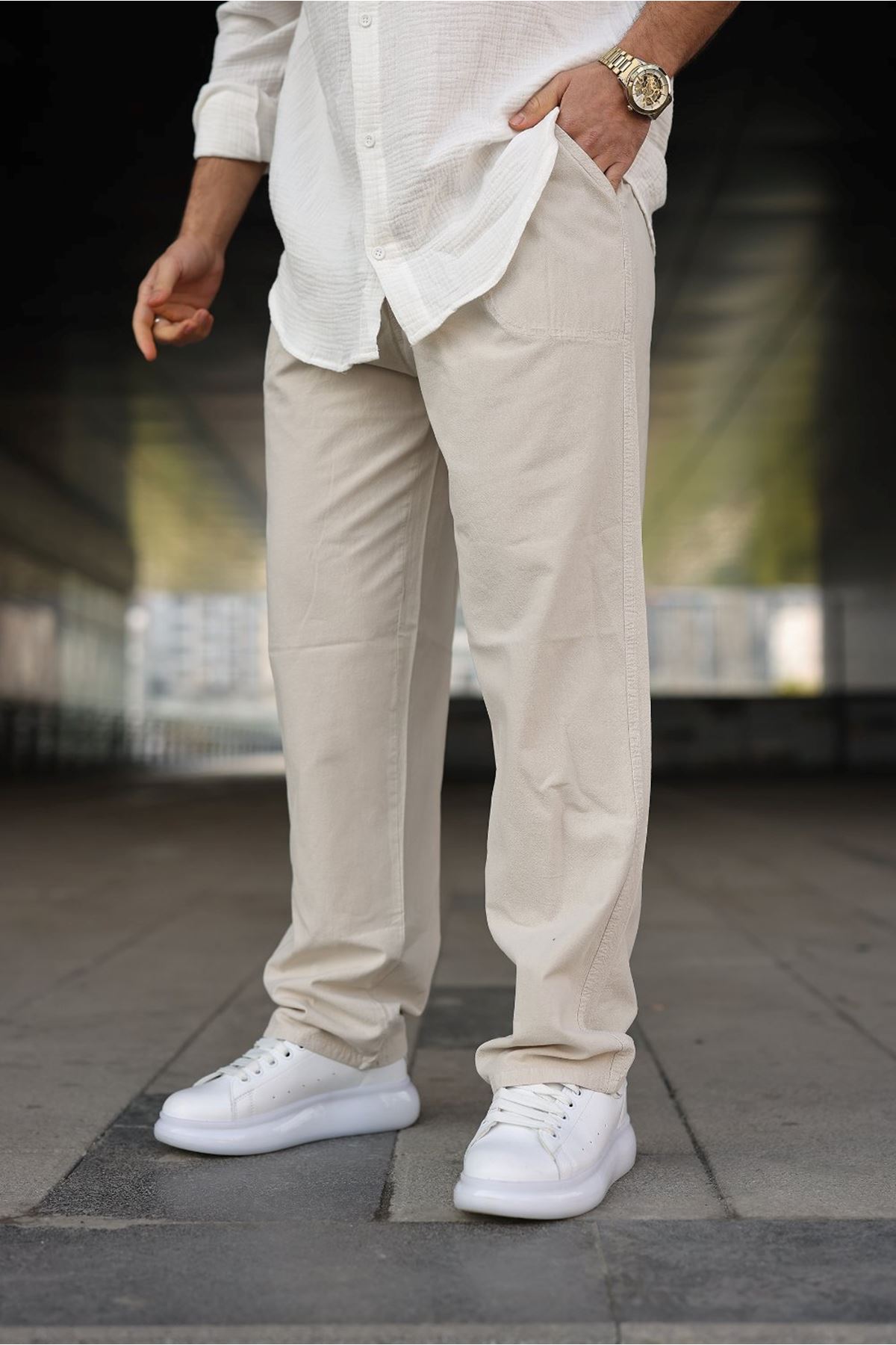 Erkek Trend Basic Bol Paça Krem Baggy Keten Pantolon