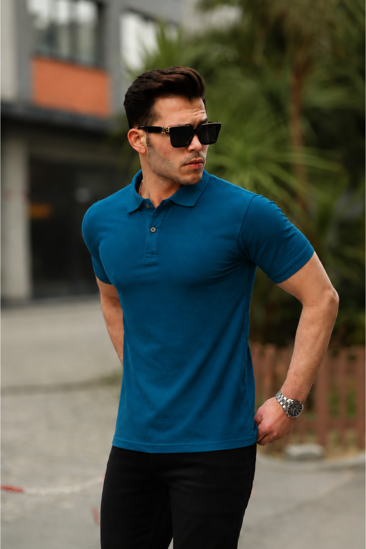 Erkek Kıvrılmaz Polo Yaka Cepsiz Slim Fit Dar Kesim Düz T-Shirt
