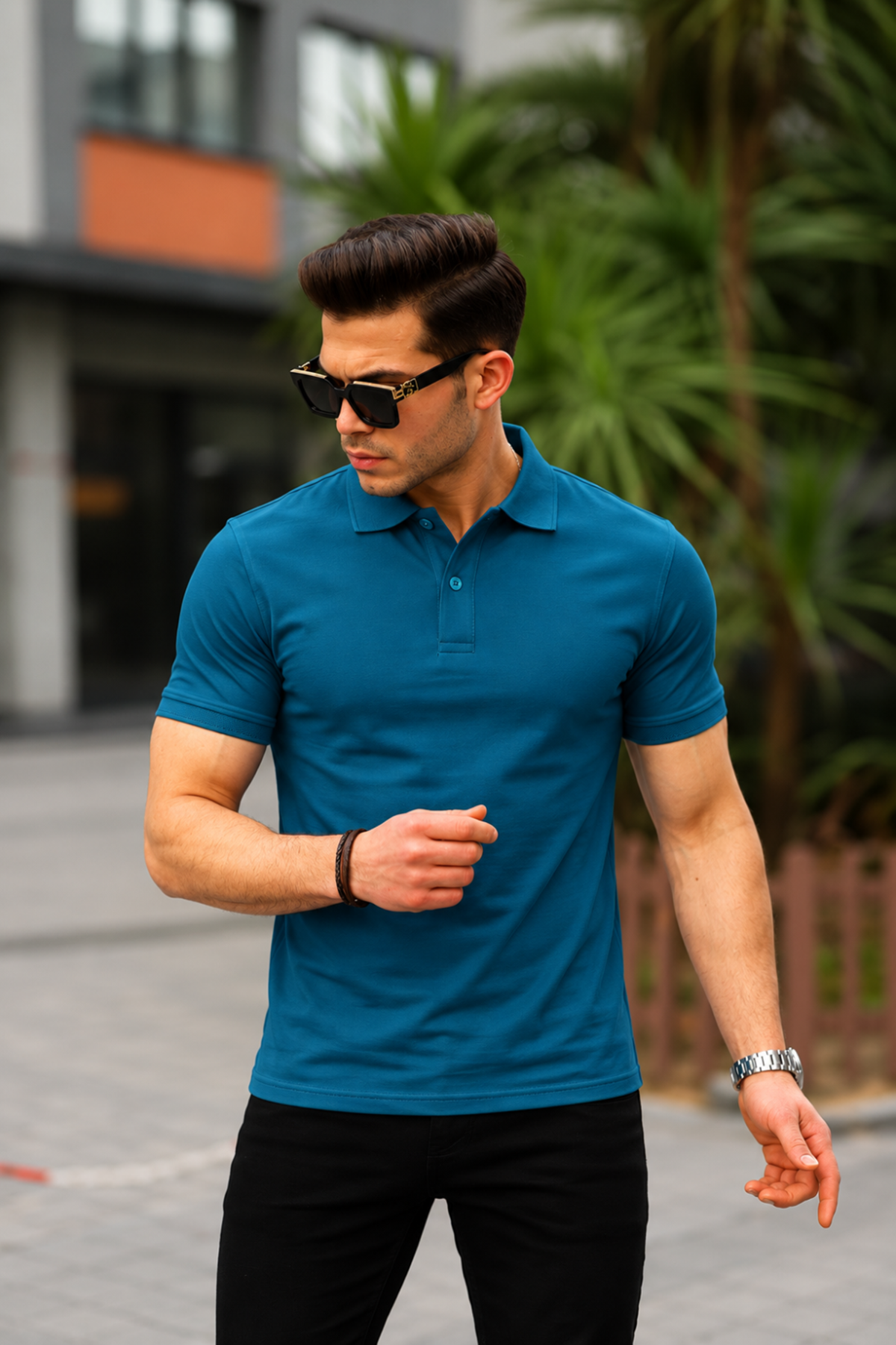 Erkek Kıvrılmaz Polo Yaka Cepsiz Slim Fit Dar Kesim Düz T-Shirt