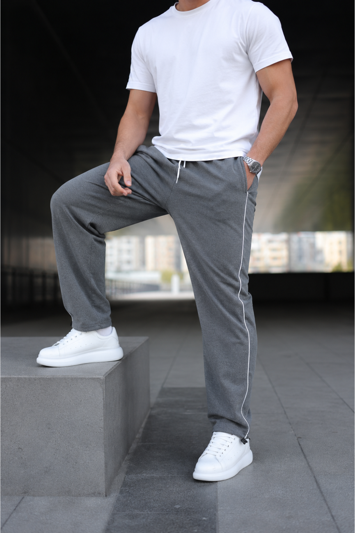 Erkek Yazı Baskılı Beli Lastikli Jogger Füme Eşofman Altı